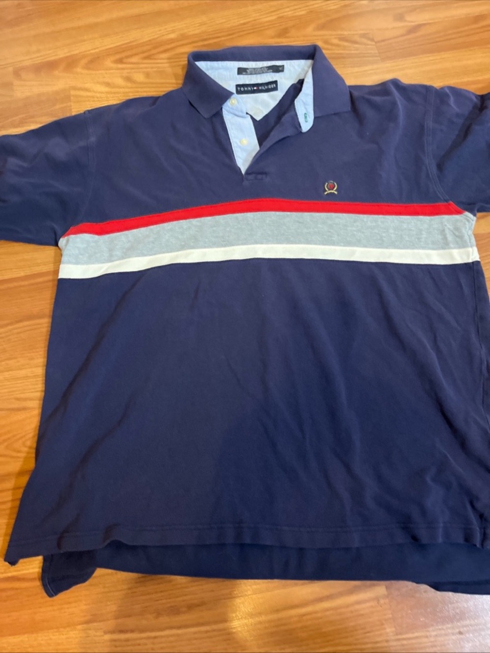 Tommy Hilfiger Navy Polo with Red, Gray and White Stripes Size XL